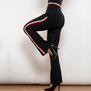 81008BHJFS Shascullfites Melody High Waist Dark Thread Black Flare Jeans with Stripe