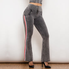 Load image into Gallery viewer, 81010GHJFS Shascullfites Melody High Waist Dark Thread Grey Flare Jeans with Stripe