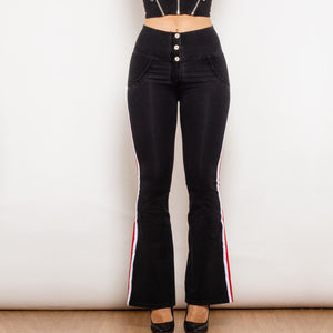 301823BSFLJB Shascullfites Melody Black Striped Flared Lift Jeggings Button Up