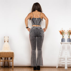 T81010 Shascullfites Melody Denim Shaper Set High Waist Dark Thread Grey Flare Jeans with Stripe Flare Pants Set Sexy 2 Pieces Set