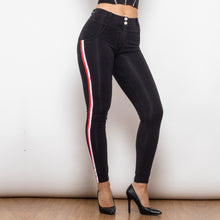Load image into Gallery viewer, 823MWDBlackJS Shascullfites Melody Middle Waist Dark Thread Black Jeans with White&amp;Red Stripe