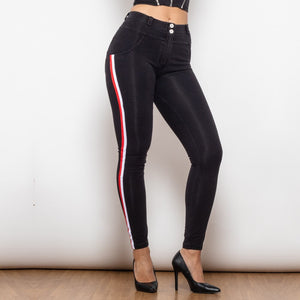 823MWDBlackJS Shascullfites Melody Middle Waist Dark Thread Black Jeans with White&Red Stripe