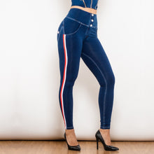 Load image into Gallery viewer, 30827WDBSLJB Shascullfites Melody High Waist White Thread Dark Blue Jeans Button Style with Stripe