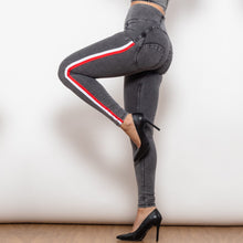 Load image into Gallery viewer, 824HWDGreyJS Shascullfites Melody High Waist Dark Thread Grey Jeans with Stripe