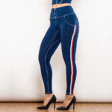 Load image into Gallery viewer, 30827WDBSLJB Shascullfites Melody High Waist White Thread Dark Blue Jeans Button Style with Stripe