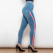 Load image into Gallery viewer, 30831WLBSLJB Shascullfites Melody White Thread Light Blue Striped Lift Jeggings Button Up