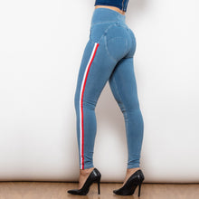 Load image into Gallery viewer, 30831WLBSLJB Shascullfites Melody White Thread Light Blue Striped Lift Jeggings Button Up