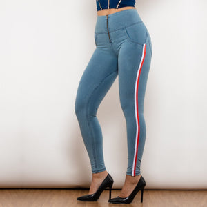 30HWDLblueJS Shascullfites Melody High Waist Dark Thread Light Blue Jeans with Stripe