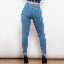 Load image into Gallery viewer, 30831WLBSLJB Shascullfites Melody White Thread Light Blue Striped Lift Jeggings Button Up