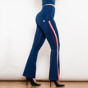 81004DBHJFS Shascullfites Melody High Waist Dark Thread Dark Blue Flare Jeans with Stripe