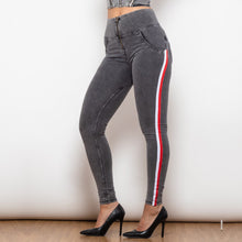 Load image into Gallery viewer, 824HWDGreyJS Shascullfites Melody High Waist Dark Thread Grey Jeans with Stripe
