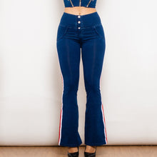 Load image into Gallery viewer, 301827WDBSFLJB Shascullfites Melody Dark Blue Striped Flared Lift Jeggings Button Up
