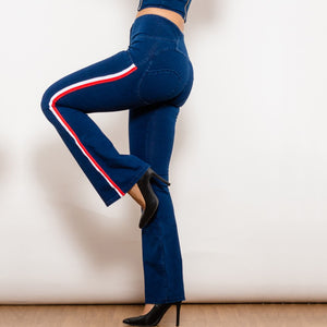 301827WDBSFLJB Shascullfites Melody Dark Blue Striped Flared Lift Jeggings Button Up