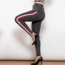 Load image into Gallery viewer, 825MWDGreyJS Shascullfites Melody Middle Waist Dark Thread Grey Jeans with Stripe
