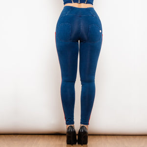 826HWDDBlueJS Shascullfites Melody High Waist Dark Thread Dark Blue Jeans with Stripe