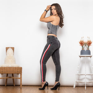 T825 Shascullfites Melody Shaper Set Middle Waist Dark Thread Grey Jeans with Stripe Jeans Set Sexy Lift Denim Pants 2 Pieces Set