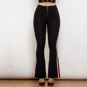 81008BHJFS Shascullfites Melody High Waist Dark Thread Black Flare Jeans with Stripe
