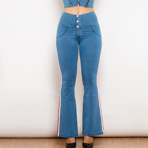 301831WLBSFLJB Shascullfites Melody Light Blue Striped Flared Lift Jeggings Button Up