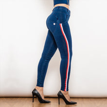 Load image into Gallery viewer, 827MWDDBlueJS Shascullfites Melody Middle Waist Dark Thread Dark Blue Jeans with Stripe