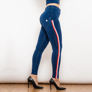 827MWDDBlueJS Shascullfites Melody Middle Waist Dark Thread Dark Blue Jeans with Stripe