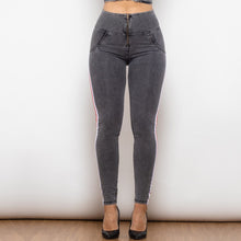 Load image into Gallery viewer, 824HWDGreyJS Shascullfites Melody High Waist Dark Thread Grey Jeans with Stripe