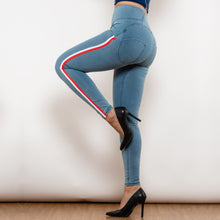 Load image into Gallery viewer, 30HWDLblueJS Shascullfites Melody High Waist Dark Thread Light Blue Jeans with Stripe
