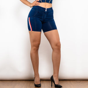 40865MBlueLJSS Shascullfites Melody Middle Waist Dark Thread Dark Blue Jeans with Stripe
