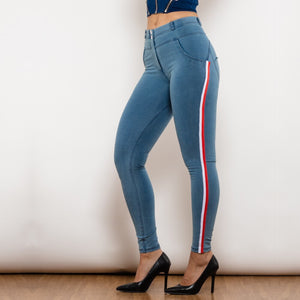 831MWDLblueJS Shascullfites Melody Middle Waist Dark Thread Light Blue Jeans with Stripe