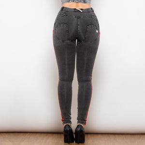 825MWDGreyJS Shascullfites Melody Middle Waist Dark Thread Grey Jeans with Stripe