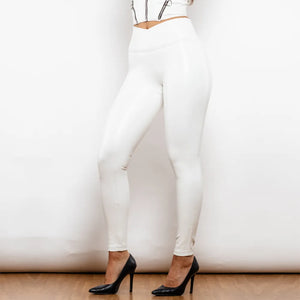 619XCWHLVL Shascullfites Melody X Cross Solid White High Waist Leather V Shape Leggings