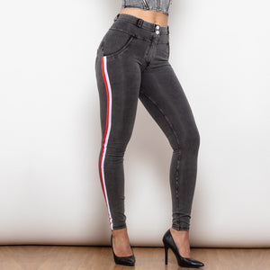825MWDGreyJS Shascullfites Melody Middle Waist Dark Thread Grey Jeans with Stripe