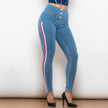 Load image into Gallery viewer, 30831WLBSLJB Shascullfites Melody White Thread Light Blue Striped Lift Jeggings Button Up