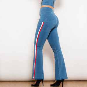 301831WLBSFLJB Shascullfites Melody Light Blue Striped Flared Lift Jeggings Button Up