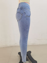 Load image into Gallery viewer, SH302 Shascullfites Light Blue Yellow Thread X Cross G2 Lift Jeans