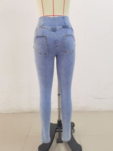 Load image into Gallery viewer, SH302 Shascullfites Light Blue Yellow Thread X Cross G2 Lift Jeans