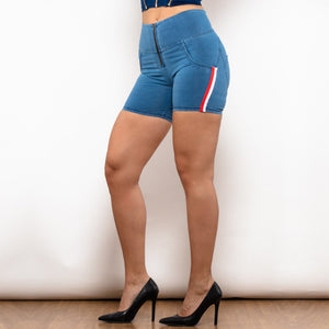 40870HLBLJSS Shascullfites Melody Shorts High Waist Dark Thread Light Blue Jeans with Stripe