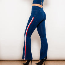 Load image into Gallery viewer, 301827WDBSFLJB Shascullfites Melody Dark Blue Striped Flared Lift Jeggings Button Up