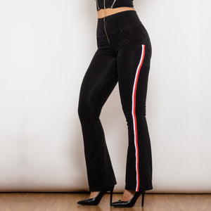 81008BHJFS Shascullfites Melody High Waist Dark Thread Black Flare Jeans with Stripe