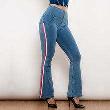 Load image into Gallery viewer, 81006LBHJFS Shascullfites Melody High Waist Dark Thread Light Blue Flare Jeans with Stripe