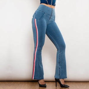 81006LBHJFS Shascullfites Melody High Waist Dark Thread Light Blue Flare Jeans with Stripe