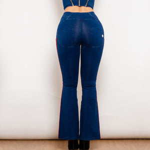 301827WDBSFLJB Shascullfites Melody Dark Blue Striped Flared Lift Jeggings Button Up