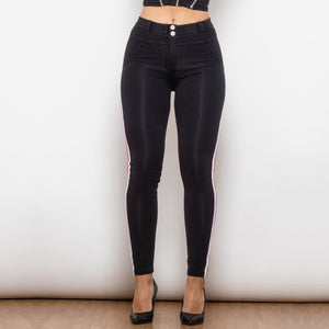 823MWDBlackJS Shascullfites Melody Middle Waist Dark Thread Black Jeans with White&Red Stripe