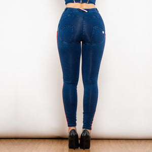 827MWDDBlueJS Shascullfites Melody Middle Waist Dark Thread Dark Blue Jeans with Stripe