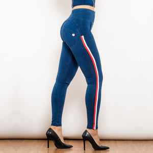 826HWDDBlueJS Shascullfites Melody High Waist Dark Thread Dark Blue Jeans with Stripe