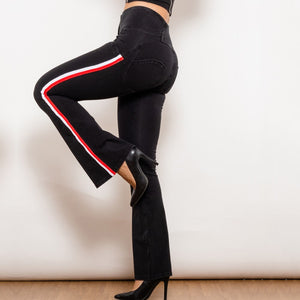 301823BSFLJB Shascullfites Melody Black Striped Flared Lift Jeggings Button Up