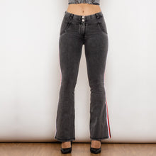 Load image into Gallery viewer, 81011GMJFS Shascullfites Melody Mid Waist Dark Thread Grey Flare Jeans with Stripe