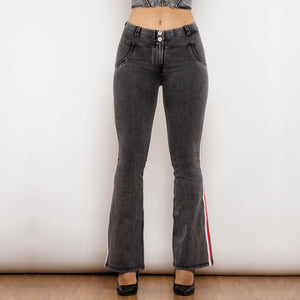 81011GMJFS Shascullfites Melody Mid Waist Dark Thread Grey Flare Jeans with Stripe