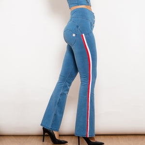 301831WLBSFLJB Shascullfites Melody Light Blue Striped Flared Lift Jeggings Button Up