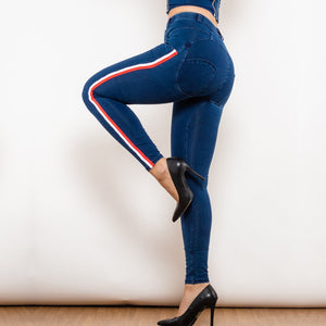 827MWDDBlueJS Shascullfites Melody Middle Waist Dark Thread Dark Blue Jeans with Stripe