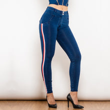 Load image into Gallery viewer, 827MWDDBlueJS Shascullfites Melody Middle Waist Dark Thread Dark Blue Jeans with Stripe